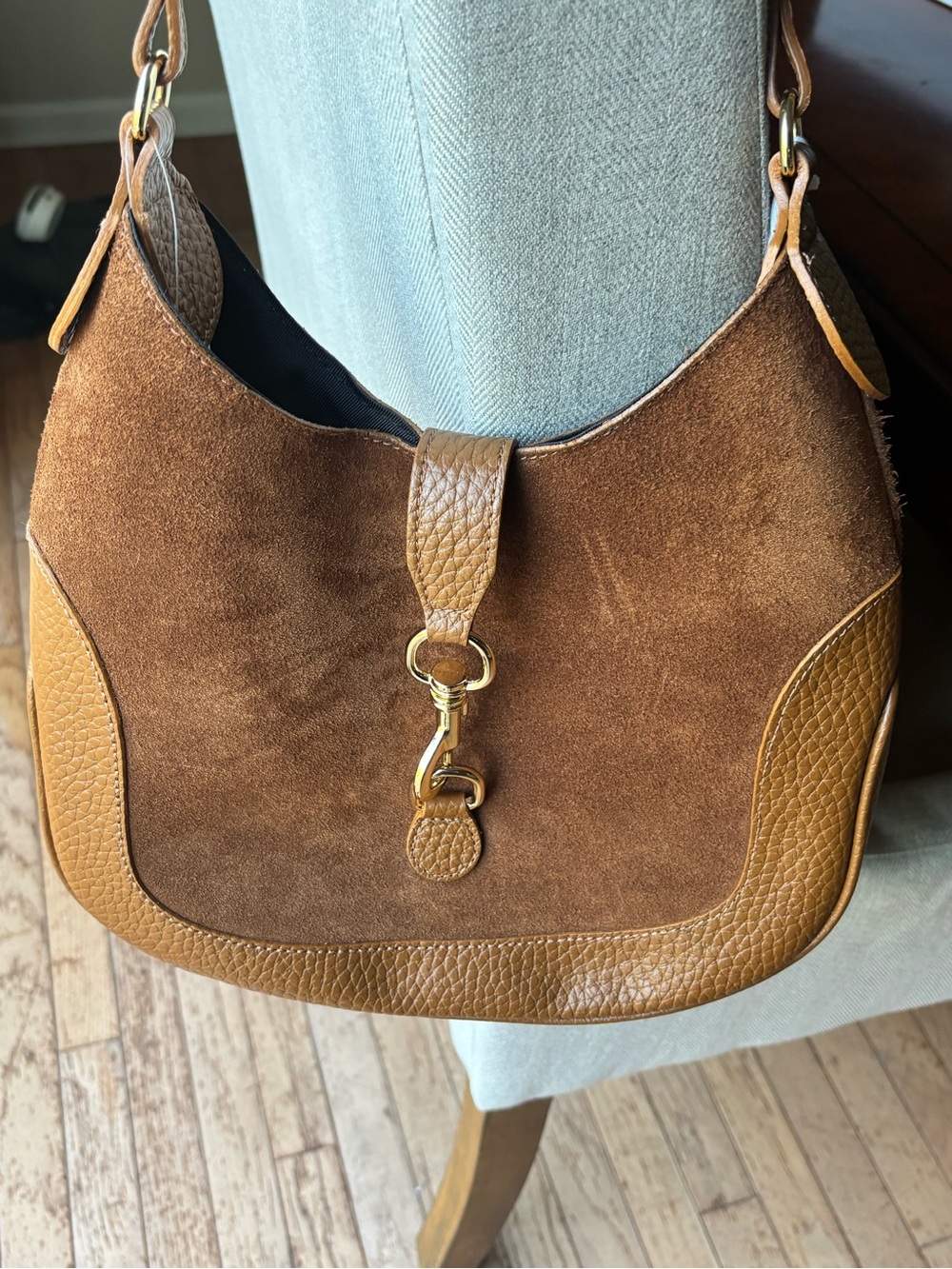 Brown Suede & Leather Hobo Shoulder Bag